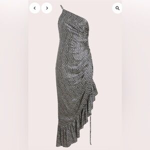 Cinq a Sept Soliel Ruffeld Christel One Shoulder Black and White Silk Dress